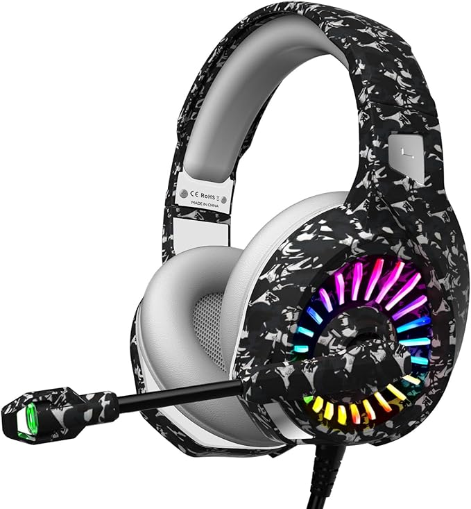 ZIUMIER Camo Gaming Headset for PS4 PS5 Xbox One PC Laptop Mac Switch 3.5MM Wired Gaming Headphones with Microphone Bass Surround LED Light Camouflage