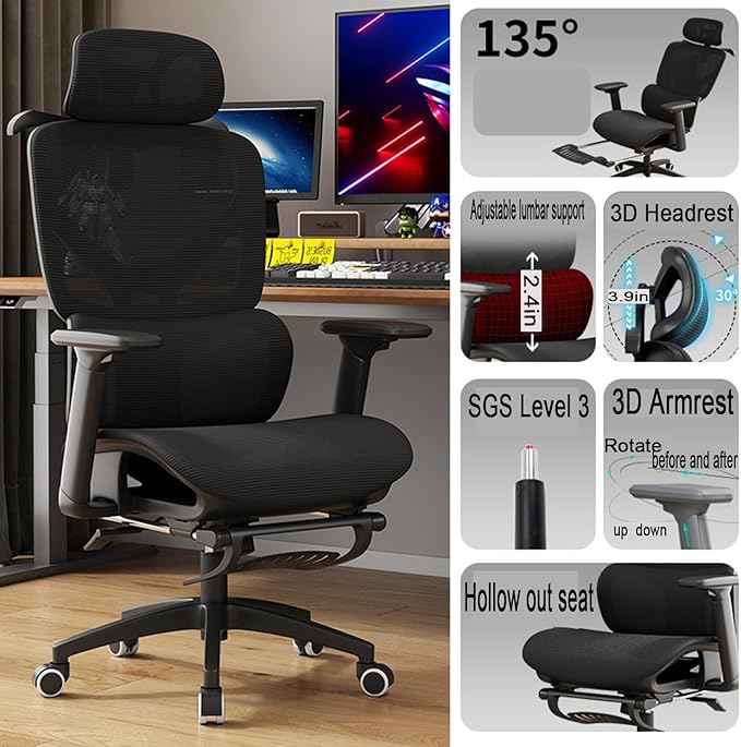 Ergonomic Chair Mesh Office Desk Seat Adjustable Lumbar Support 135° Recline 330LBS Capacity High Back Computer Chair with Wheels for Home Office Gaming Study(All Black)
