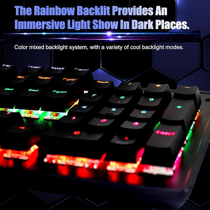 Denash 104 Keys Mechanical Gaming Keyboard with Rainbow Backlit FN Shortcuts K104 Keyboard Color Switch. USB Wired Keyboard for and (Blue Switch)