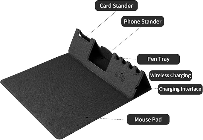 Mouse Pad with Phone Holder &amp Pen Holders Wireless Charging Desk Mat Mousepad Home Office Desk Pad with Ultra-Smooth Surface Non-Slip Base Waterproof Keyboard Pad Classic Black Desk Mat