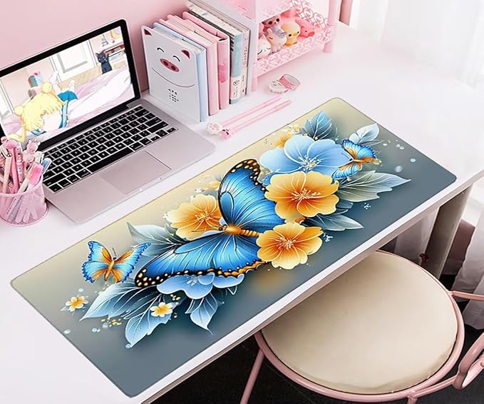 Large Mouse Pad Butterfly Desk Mat Blue Office Gaming Mouse Pad with Stitched Edges 40x20in Extended Mousepad with Non-Slip Waterproof Rubber Base for PC Laptop Desk Home Office Accessories a-1438