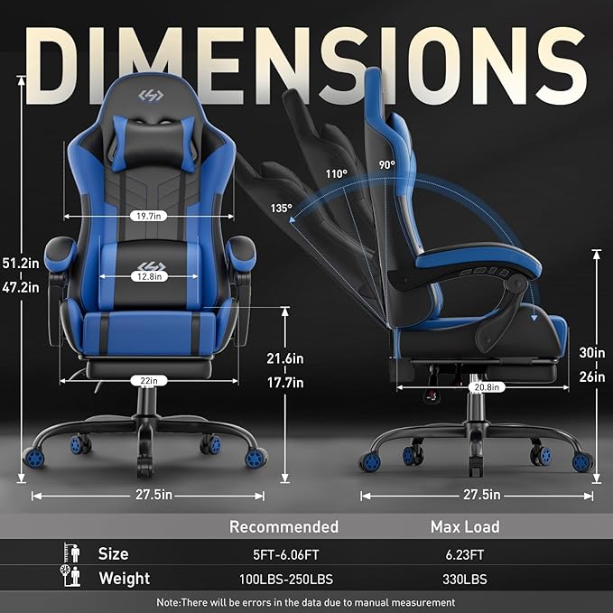 HLDIRECT Gaming Chair Ergonomic Video Game Seat with 360° Swivel &amp Lumbar Massage Computer Chair PU Leather Cushion for Adults Home/Office Use (Black &amp Blue)