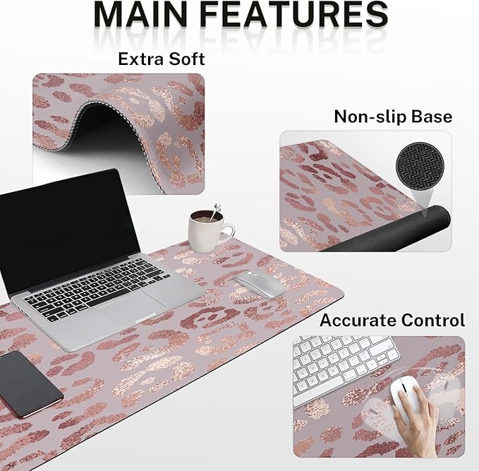 Arttown Leopard Rose Gold Pink Desk Mat Animal Skin Mouse Pad Set with Wrist Support 4-in-1 Large Mousepad+Keyboard Wrist Rest+Mouse Wrist Rest+Coaster with Ergonomic Design Non-Slip Mat