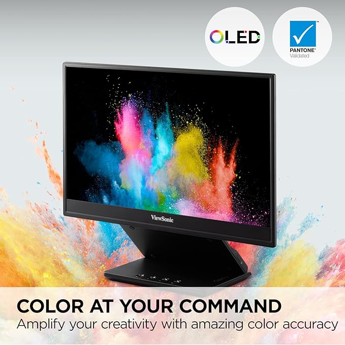 ViewSonic VP16-OLED 15.6 Inch 1080p Portable OLED Monitor with 2 Way Powered 40W USB C Pantone Validated Factory Calibrated Built-in Ergonomic Stand with Protective CoverBlack