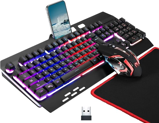 Wireless RGB Gaming Keyboard and Mouse - Rechargeable BacklitLong Battery LifeMetal Panel Mechanical Feel with Palm Rest7 Color Gaming Mouse and Mouse Pad for Game and Work
