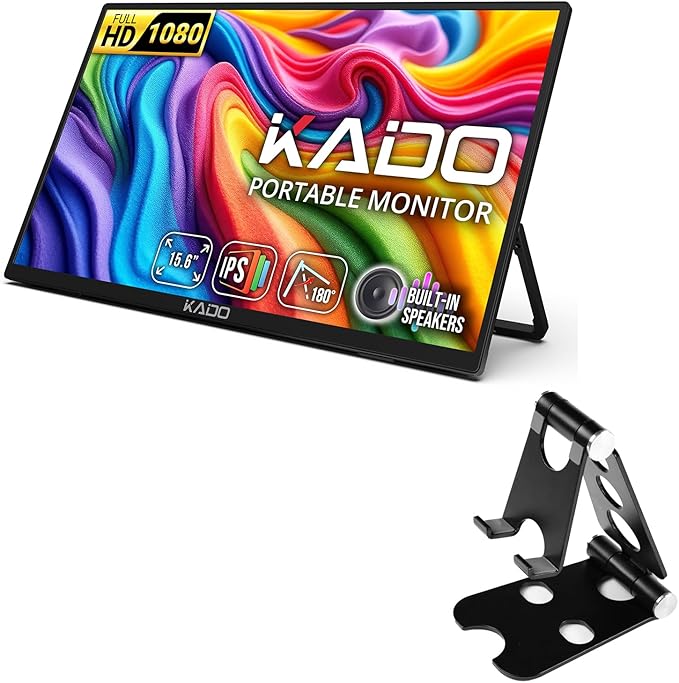 Kado 15.6 Full HD Portable Monitor Aluminum Foldable Stand Set Second Display IPS 1920x1080 HDMI USB Type-C Laptop Screen Extender 180° Kickstand Wall/Arm Mount for PC Mac Phone Dex Tablet