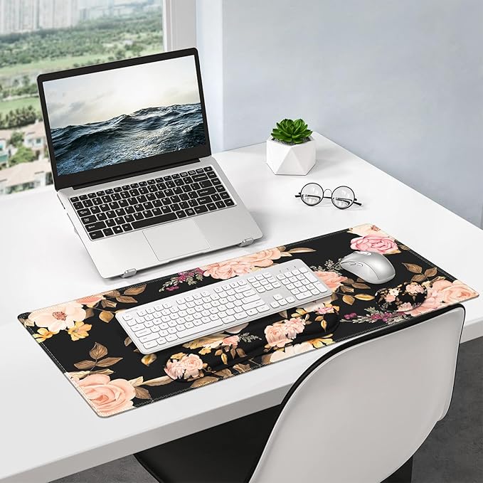 XXL Desk Mat Large Floral Mouse Pad with Wrist Rest Keyboard Wrist Rest 3 in1 Desk Pad Matt Set Gaming Mousepad with Wrist Support Computer Mat for Desktop Office Women LaptopBlack Pink