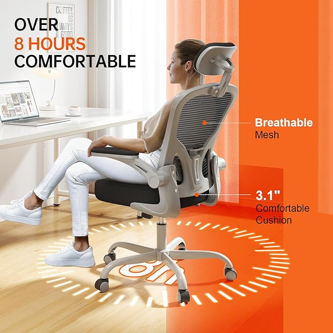 Synorla Office Chair Ergonomic Desk Chair 330LBS Capacity High Back Computer Design for Long Hours Comfort Rolling Swivel for Home Office Flip-up Armrests（Grey Black）