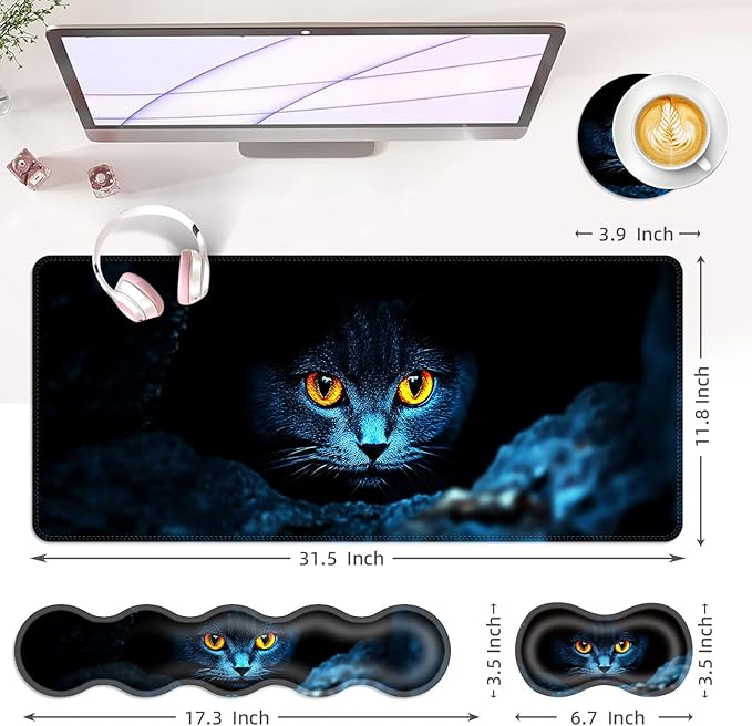 Large Keyboard Mouse Pad Set Extended Mouse Pad+Keyboard Wrist Rest Support Memory Foam Ergonomic Easy Typing 4Pcs (31.5×11.8 in) Desk Pad Set for Office HomeBlack Cat with Glowing Eyes