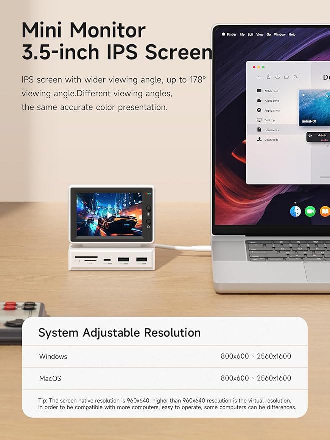 Hagibis 3.5inch IPS USB Mini Screen with USB C Hub USB-C&ampHDMI Monitor AIDA64 Mini PC CPU RAM HDD Data Monitor Temperature Electronic Album Floating Lyrics Display Sub Screen for Laptop PC (960x64