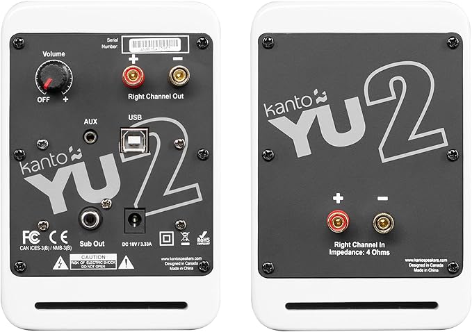 Kanto YU2MW PC Gaming Desktop Speakers | 3 Composite Drivers | 3/4 Silk Dome Tweeter | Class D Amplifier | 100 Watts | Built-in USB DAC | Subwoofer Output | Pair | Matte White