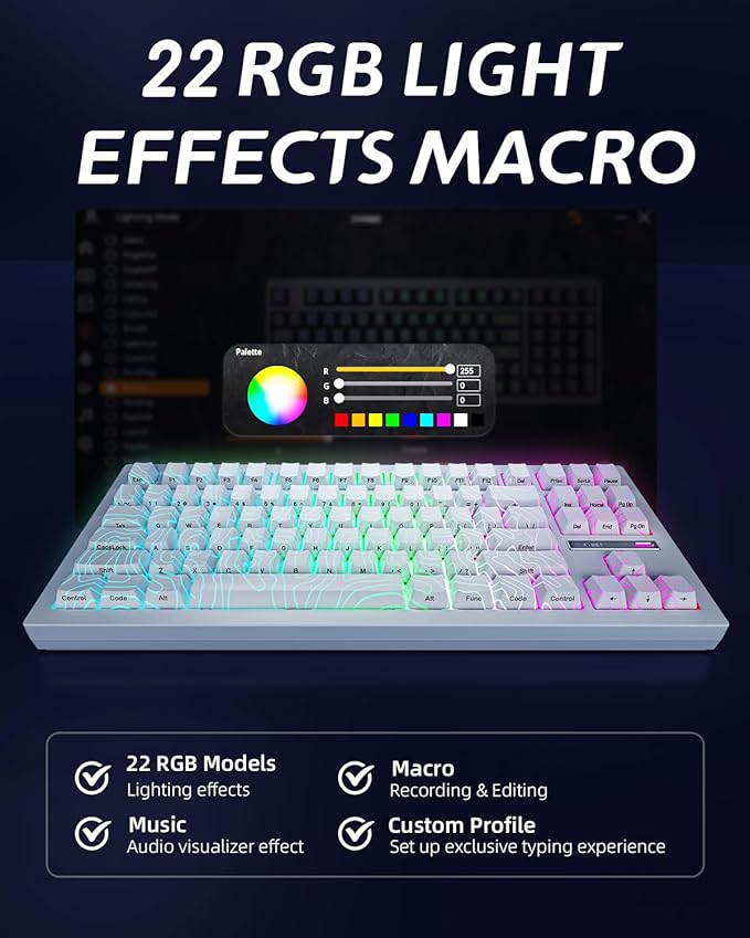 ZORNHER ZH870 Wireless Gaming Mechanical Keyboard80% White Custom Creamy Sound Keyboard with Lighted Up White Topographic KeycapsCreamy Sounding Linear SwitchesHot-SwappableRGB Backlit