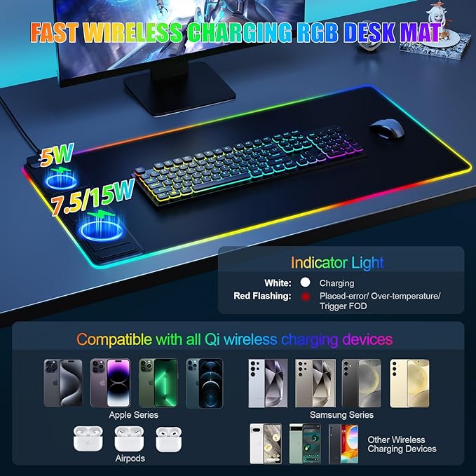 Mouse Pad with Foldable Phone Holder Wireless Charging Desk Mat RGB Gaming Mousepad Large Desk Pad with Non-Slip Base Waterproof Keyboard Pad Classic Black (XXL Stand Black PD Adapter)