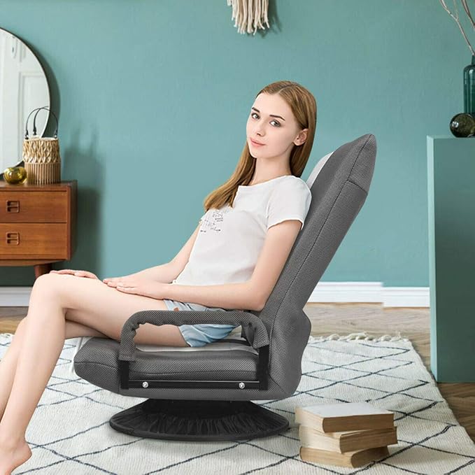 DORTALA 360 Degree Swivel Gaming Floor Chair 6-Position Adjustable Folding Floor Chair Comfortable Padded Backrest Lazy Sofa Chair Game Rocker for Teens Adults Gray