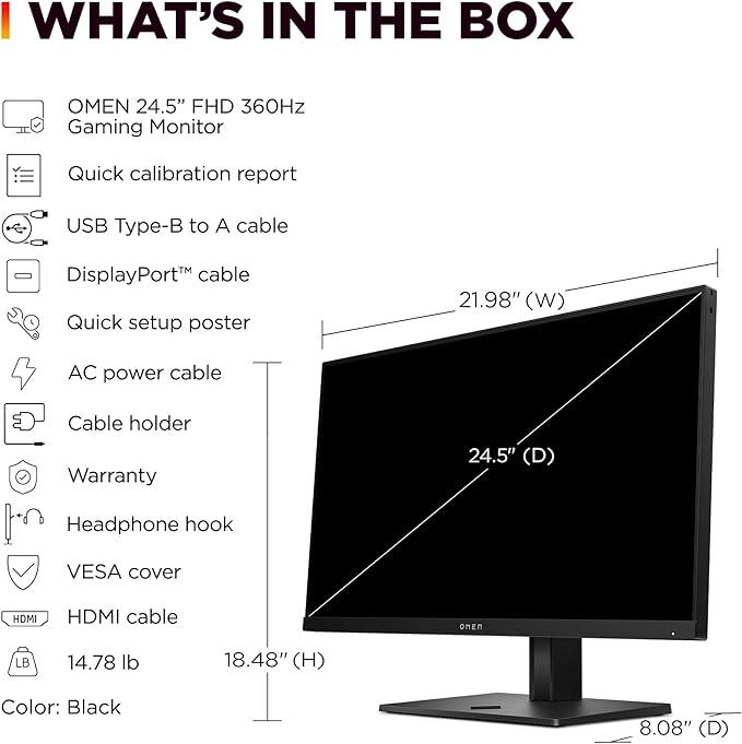 HP OMEN 24.5 inch FHD 360Hz Gaming Monitor FHD Display (1920 x 1080) IPS Panel Technology VESA DisplayHDR 400 1ms GtG (with Overdrive) NVIDIA G-SYNC Compatible Black OMEN 25 (2025)