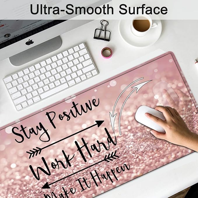 Large Gaming Mouse PadExtended Waterproof Desk Pad Protector (31.5 x 11.8) Ergonomics Memory Foam Mouse Wrist Rest Supportfor Home Office LaptopHard Work Inspirational Quotes Pink Gilt Mouse Mat