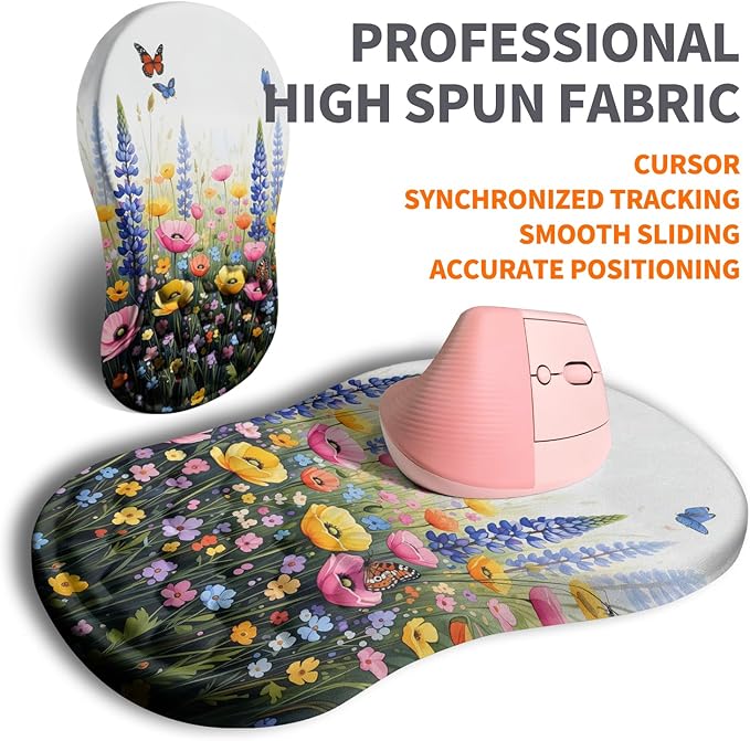 Ergonomic Joint Wrist Support Mouse Pad with Memory Foam Cushion Massage Bump Carpal Tunnel Pain Relief Mousepad Slope Design for Wrist Rest 11.8x7.9 in Wild Flower