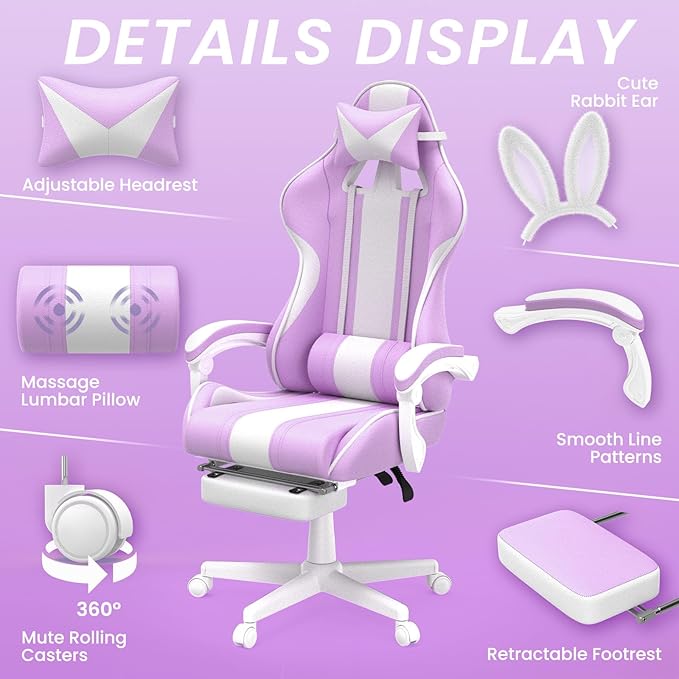 Ferghana Kawaii Light Purple Gaming Chair with Bunny Ears Ergonomic Cute Gamer Chair with Footrest and Massage Racing Reclining Leather Computer Game Chair for Girls Adults Teens Kids