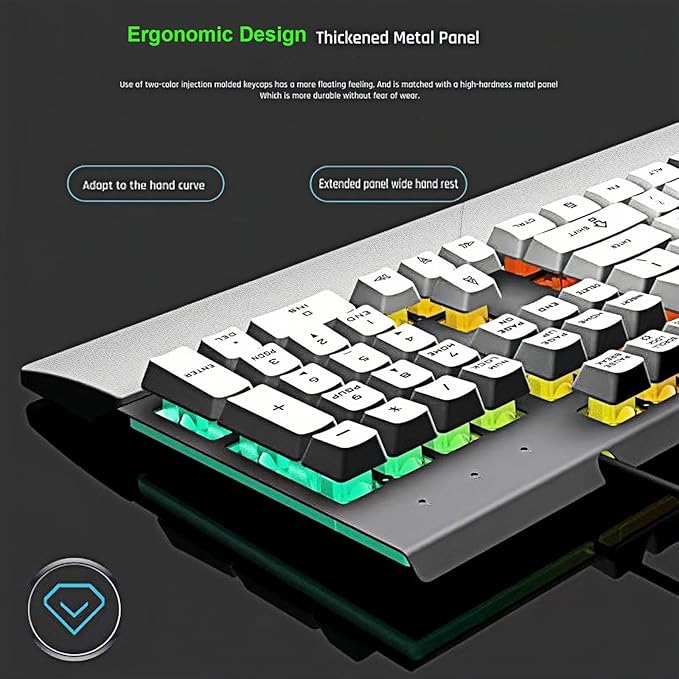 Wired Rainbow LED Gaming Keyboard104 Keys Light Up Mechanical Feeling Computer Keyboard With Palm Rest for Windows LaptopPC Gamers Office DeviceTravel Easy to Carry on Business TripWoking(White)