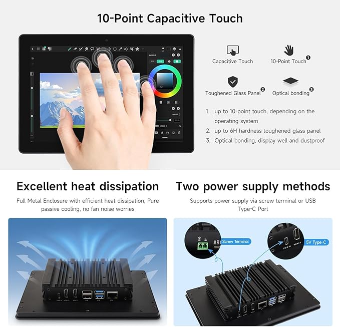 Industrial HMI All-in-one 10.1inch Touch Display Compatible with Raspberry Pi (Not Included) Supports Dual 4K HDMI Output 10-Point Touch Aluminum Alloy Case @XYGStudy (RPI-HMI-101D-ACCE)