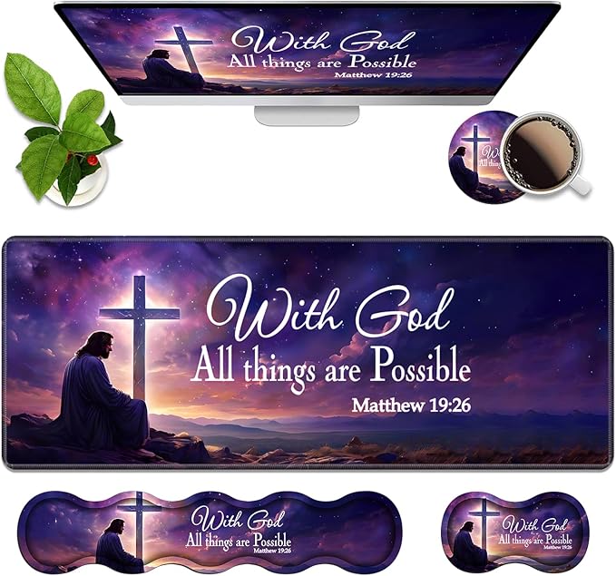 Ergonomic Memory Foam Mouse Pad Wrist Rest SetLarge Gaming Desk Pad + Keyboard Wrist Rest + Mouse Wrist Cushion + Coaster for Home Office Study GamingChristian Cross Quote Bible Verse Matthew 19:26