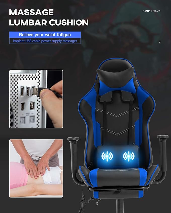 Ergonomic Gaming Chair PU Leather Massage Gaming Chair with Footrest/Armrest/Lumbar Support for Adults Gaming Work Study Racing Style Computer Chairs Big and Tall Gaming Chair