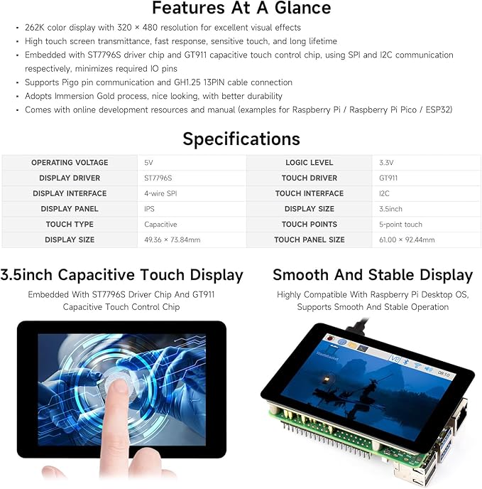 Waveshare 3.5inch Capacitive Touch Display Compatible with Raspberry Pi 5/4B/3B Pi Pico IPS Panel 320×480 5-Point Touch Immersion Gold Process Toughened Glass Panel