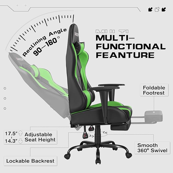 Homall Gaming Chairs Computer Chair with Footrest and Massage Lumbar Support Height Adjustable Game Chair with Headrest and Swivel Seat (Light Green)