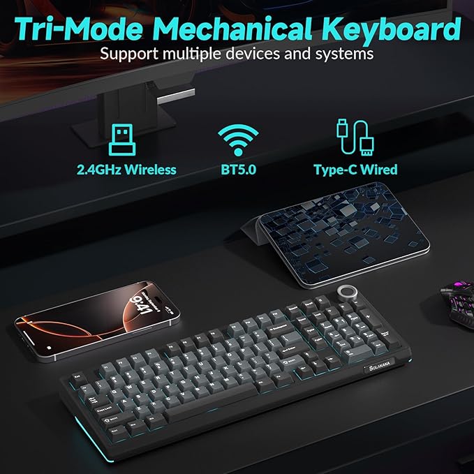 SOLAKAKA KI99 Pro Wireless Mechanical Keyboard Quiet SwitchHot Swappable Pre-Lubed Switches Silent Keyboard with RGB BacklitGasket Structure Computer Gaming Keyboards(BlackBlue Silent Switch)