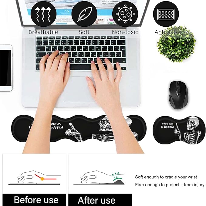Bxgolkgd Desk Mat SetMouse Pad with Keyboard Wrist Rest &amp Mouse Wrist RestWave-Shaped DesignNon-Slip Rubber BaseErgonomic Desk Mat for HomeOfficeGamingSkull Skeleton Black Background
