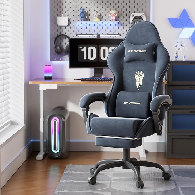 Ferghana Velvet Fabric Gaming Chair High Back Ergonomic Gamer Chair for Adult Comfortable Video Game Chair with Footrest and Massage Lumbar Cushion Racing Reclining Office Computer Desk Chair Grey