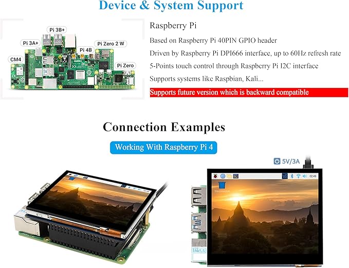 3.5inch DPI LCD Compatible with Raspberry Pi 5/4B/3B+/3B/2B/Zero/Zero W/WH/Zero 2W Capacitive Touch Screen 640x480 Resolution IPS LCDToughened Glass Cover Low Power