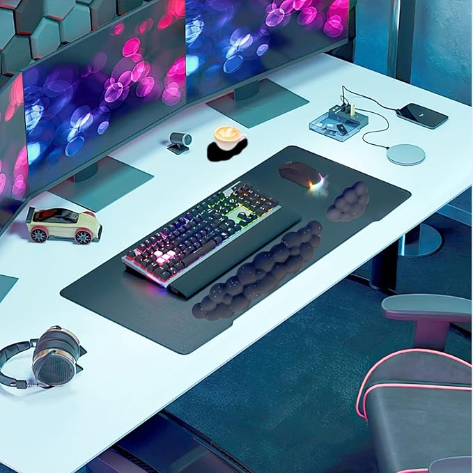 Cloud Wrist Rest Set for Keyboard and Mouse Includes Cute Coaster with Computers and Laptops (Black Star Set)