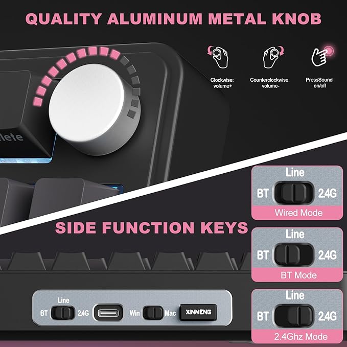 CC MALL M75 Mechanical Keyboard75% Gasket Hot SwappableRGB BacklitSide Printed PBT Keycaps2.4Ghz/Bluetooth/USB-C Gaming Keyboards (Black and Pink)