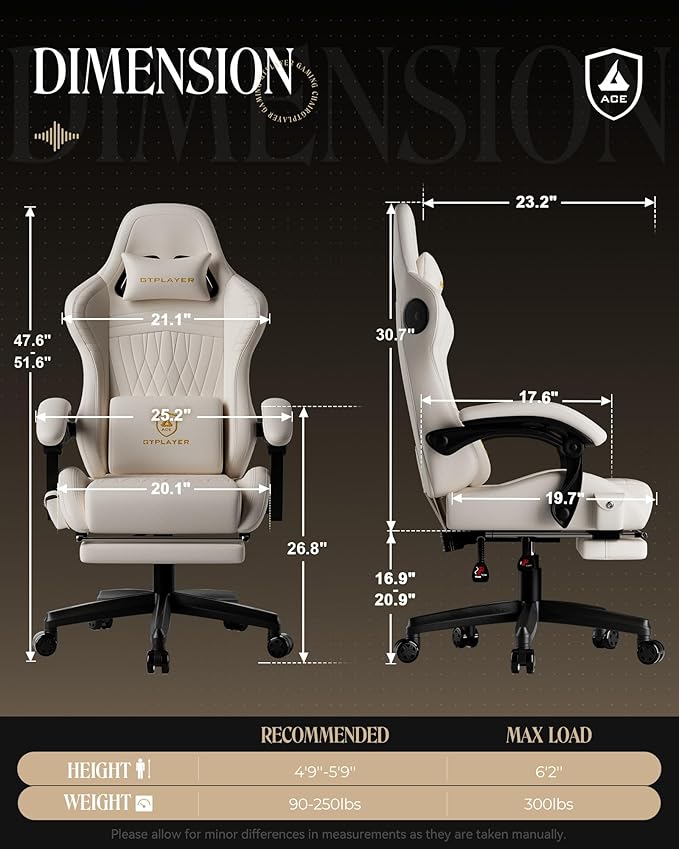 GTPLAYER Gaming Chair for Adults Ergonomic Computer Game Chairs with Speakers Footrest &amp Linkage Armrest Reclining High Back Silla Gamer for Home Office Ace Pro Off-White