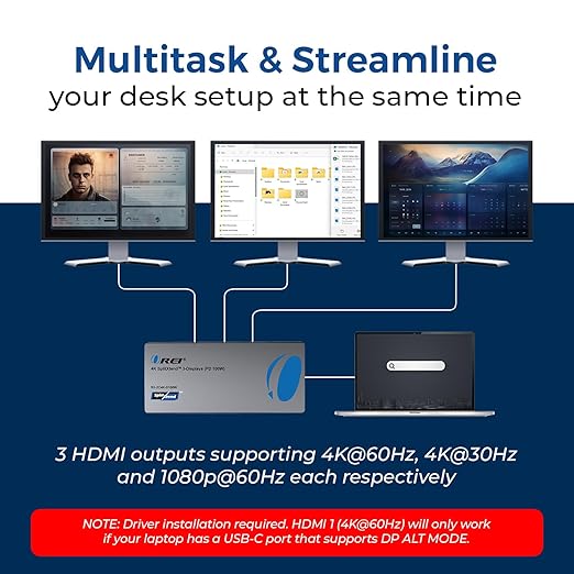 OREI SplitExtend Laptop Docking Station 3 Monitors – USB C Docking Station with 3X HDMI Ports 2X USB 3.0 Ports SD Card Reader 100W PD – Thunderbolt 4 Dock with 4K@30Hz Outputs