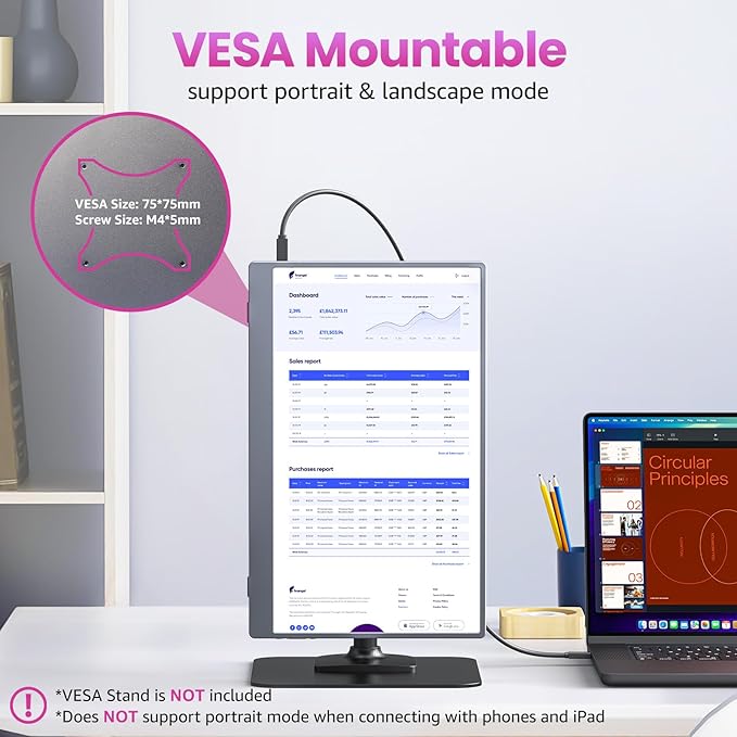 Portable Monitor 15.6 inch 1080P FHD 86% sRGB 60Hz Travel Monitor for Laptop MacBook Surface PC Xbox PS5 HDMI USB-C VESA Compatible Built-in Speaker
