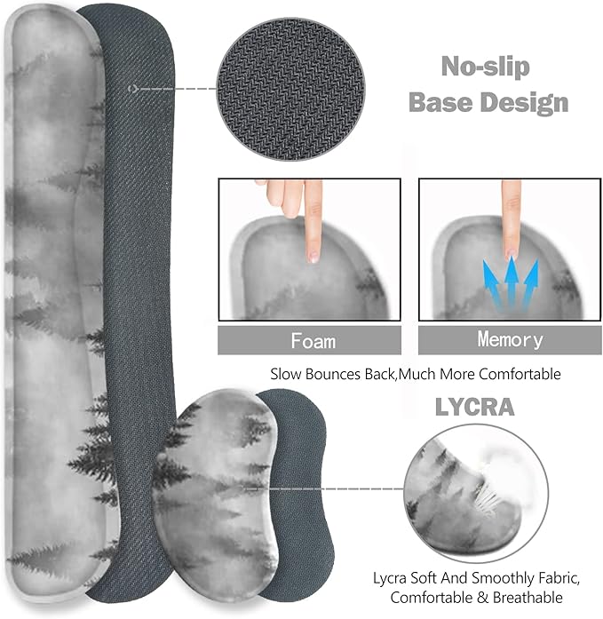 ToLuLu Extended Gaming Mouse Pad Memory Foam Ergonomic Keyboard Mouse Wrist Rest Support Set Large Desk Mat with Stitched Edges Non-Slip Base Mousepad for Home Office Game Study Tree Forests