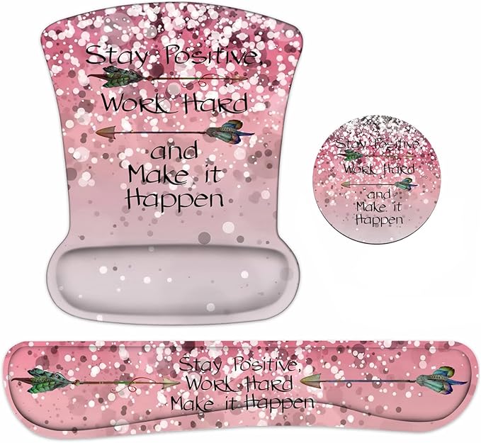 Keyboard Wrist Rest and Mouse Pad Wrist Support Set with Coasters Inspirational Quote Stay Positive Work Hard and Make It Happen Wrist Mouse Pad with Non-Slip PU Base for Home Office Working Studying