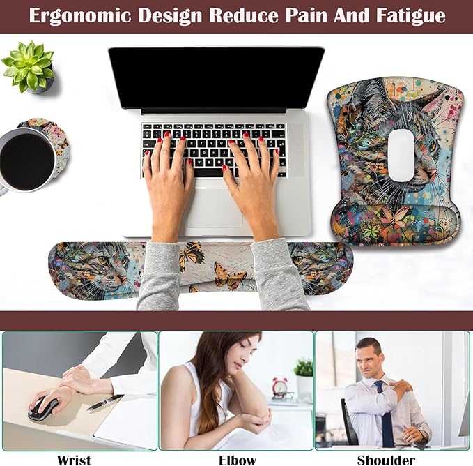 Keyboard Wrist Rest and Mouse Pad Wrist Support with Lace-Shaped Coaster Set Ergonomic Gel Memory Foam and Anti-Slip Base Easy Typing and Pain Relief - Kitty