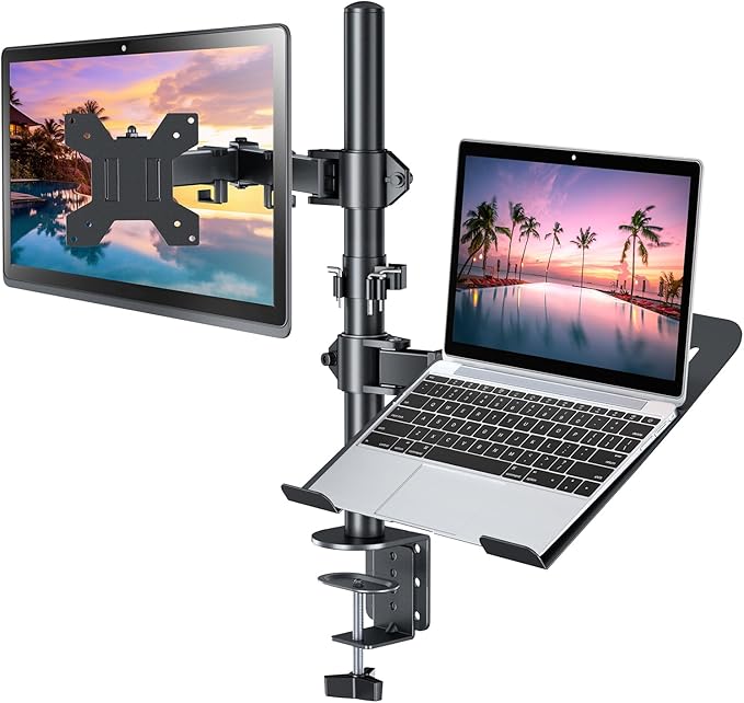 H&ampC(hcck&ampCllassp) Monitor and Laptop Mount Stand for 13 to 32 Screens Adjustable Monitor Arm Stand with Tray for 11-17” Laptop Holds 18lbs/Arm C-Clamp 75x75/100x100 VESA