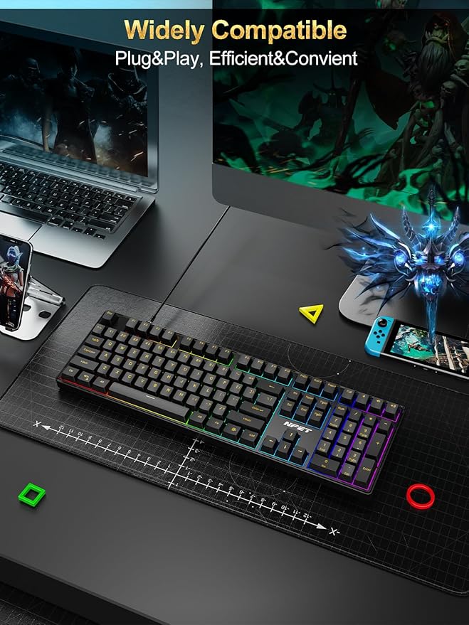 NPET CR108 RGB Gaming Keyboard and Mouse Combo 108 Keys Swappable Custom Wired Mechanical Keyboard Linear Red Switches Adjustable Gaming Mouse for PC Mac Xbox Gamer (108 Keys Black Grey)