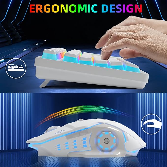 Wireless Gaming Keyboard and Mouse Combo - RGB Backlit Rechargeable Ergonomic for Gaming Work Long-Lasting Built-in Battery (White)