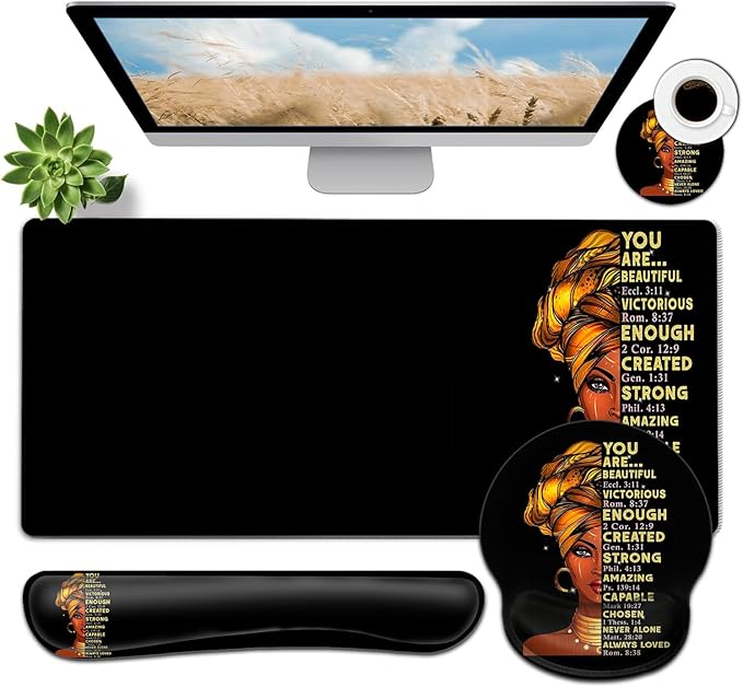 Large Mouse Pad Ergonomic Mouse Pad with Wrist Rest and Keyboard Wrist Rest 4 in 1 Set 31.5 x11.8 inch Extended Desk Pad for Home Office African American Black Queen Women XXL Gaming Mouse Mat
