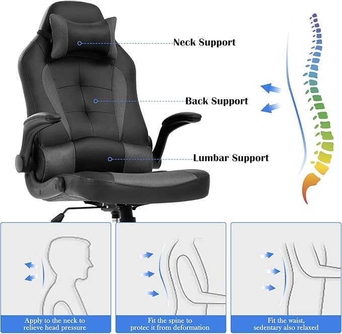 PC Gaming Chair Office Chair Ergonomic Desk Chair with Headrest&amp Lumbar Support Adjustable High Back PU Leather Computer Chair Racing Rolling Swivel Task Chair for Adults Grey