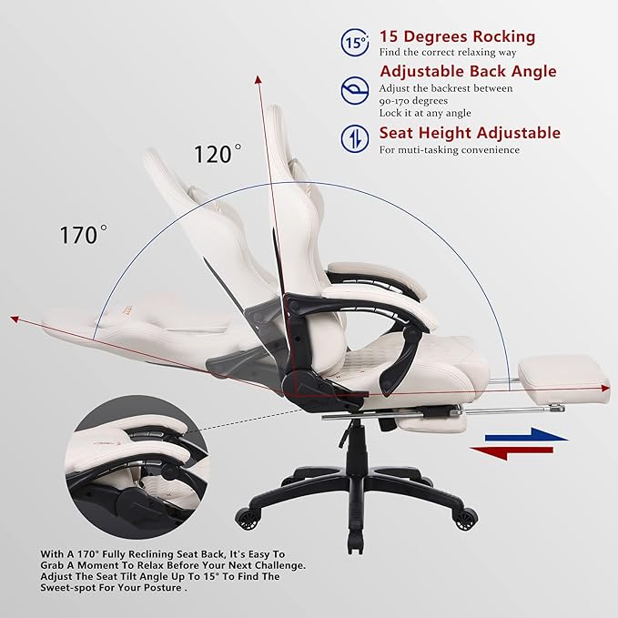 Dowinx Gaming Chair Big and Tall Ergonomic Game Chair for Adults with Footrest and Massage Lumbar Support High Back Computer Gamer Chair PU Leather 350Lbs for Office Home Ivory