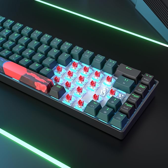 Protable 60% Percent Gaming Keyboard Mechanical Mini Compact Ice-Blue LED Backlit 68 Keys Wired Office Keyboard with Red Switch for Mac/Win/PS4/PS5(68Green/red Switch)
