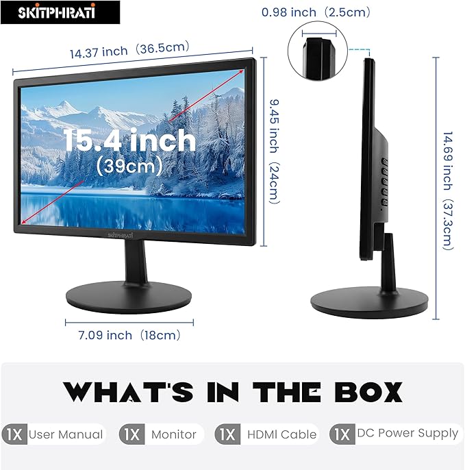 15.4-inch Monitor 1200x800 Resolution PC Monitor with HDMI VGA 60Hz Refresh Rate VESA Wall Mount Support Ideal for Office and Home Use Black