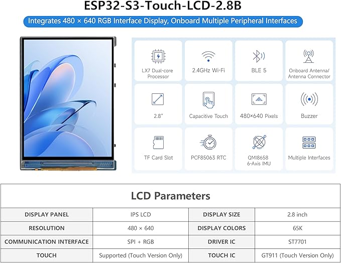 ESP32-S3 2.8inch Display Development Board ESP32 with 2.8inch IPS LCD 480x640 Resolution 32-bit LX7 Dual-Core Processor SPI + RGB Interface Supports WiFi &amp Bluetooth