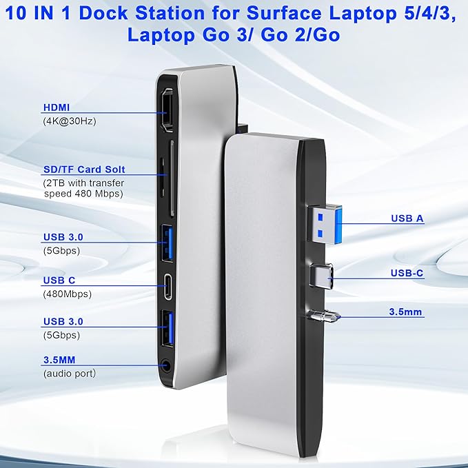 Surface Laptop 6/5/4/3 Hub Docking Station USB-C Hub with 4K@30Hz HDMI 2xUSB 3.0 USB-C SD/TF Card Slot 3.5mm Audio for Surface Laptop 6/5/4/3/Laptop Go 3/Go2/Go